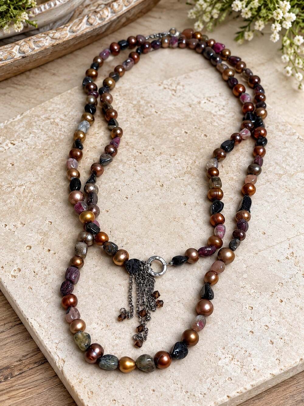 Peyote Bird Free Spirit 925 Stone Sterling Brown Pearl Beads Necklace